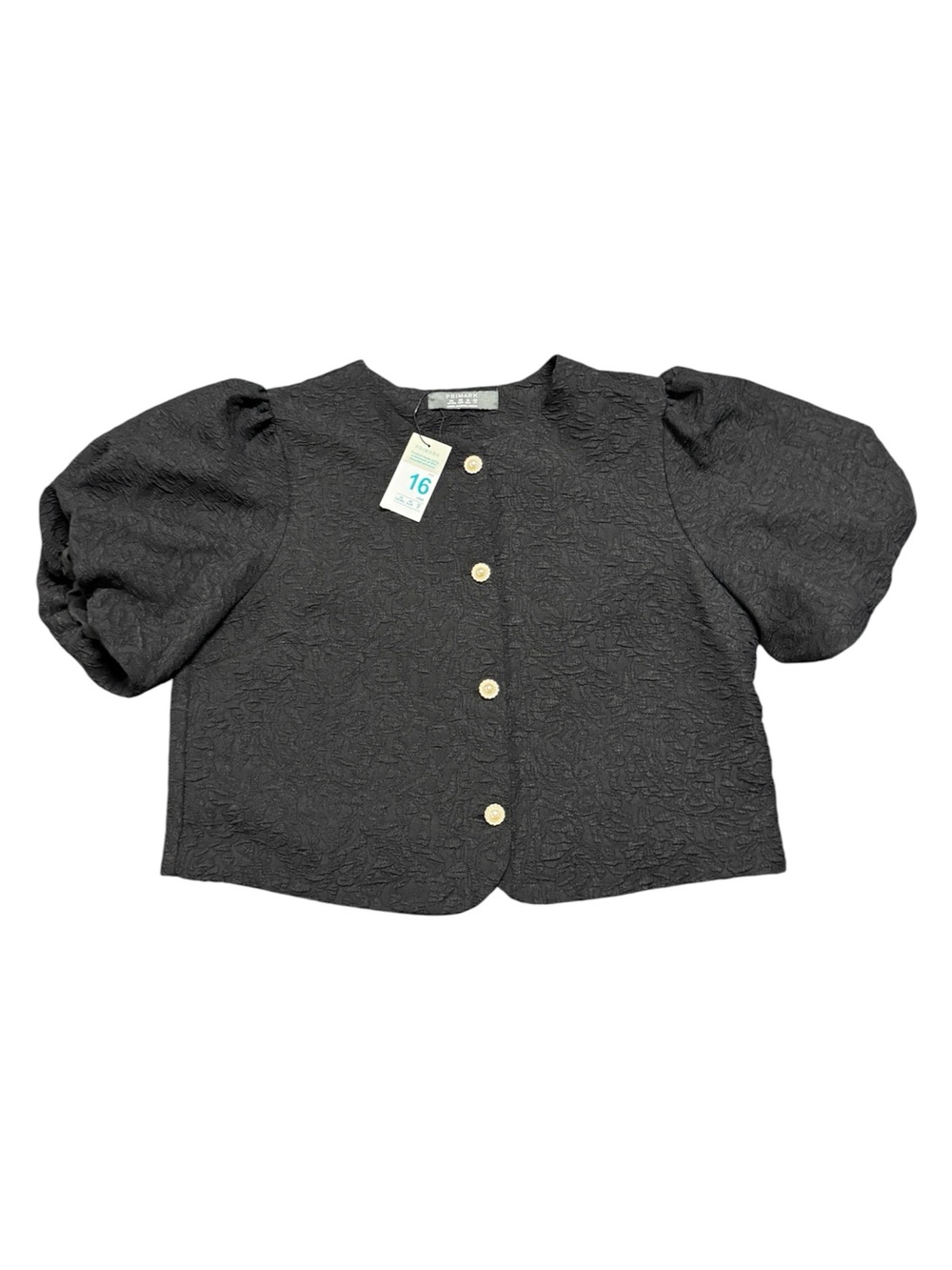 Primark Women’s Size 16 Black Textured Puff Sleeve Pearl Button Top NWT